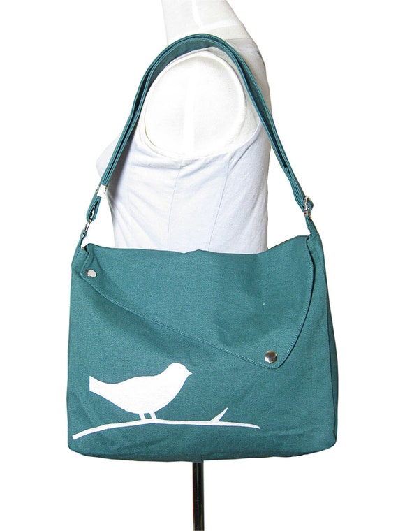 Teal green cotton canvas messenger bag  shoulder bag  bird messenger ...