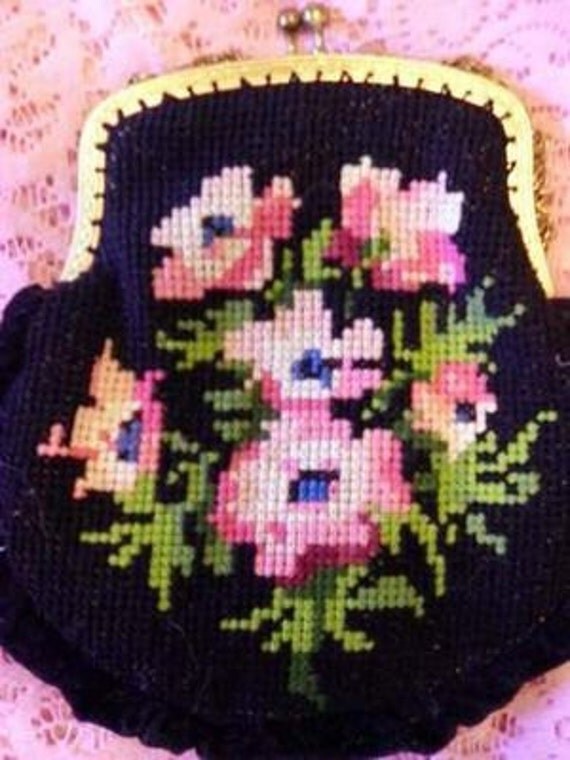 Items similar to vintage NEEDLEPOINT PURSE rose design and VELVET on Etsy