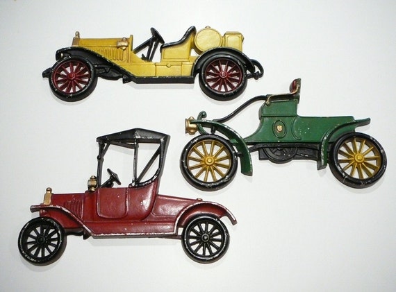 3 Vintage Sexton Cast Metal Iron Car Wall Plaques