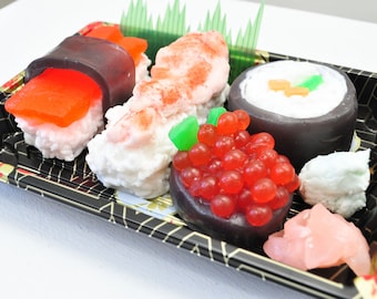 Sushi Soap Gift Set - Ginger fizz Scented - Vegan Soap - food soap - Shrimp, Tuna in a real Sushi Take out box