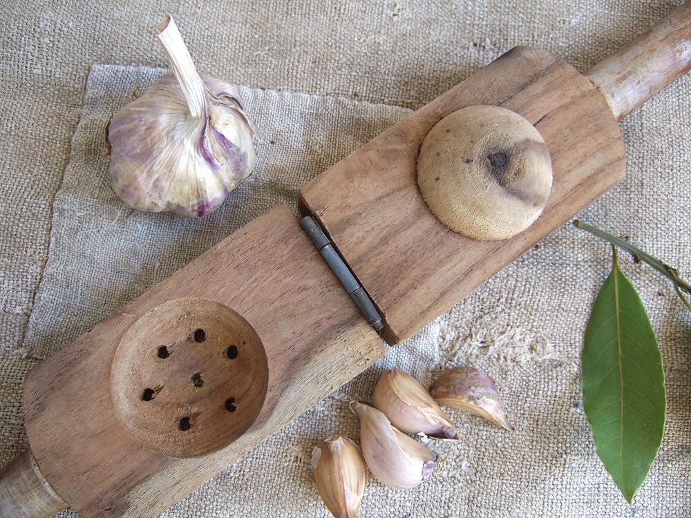 Vintage French wood Garlic Press Country kitchen utensil tool