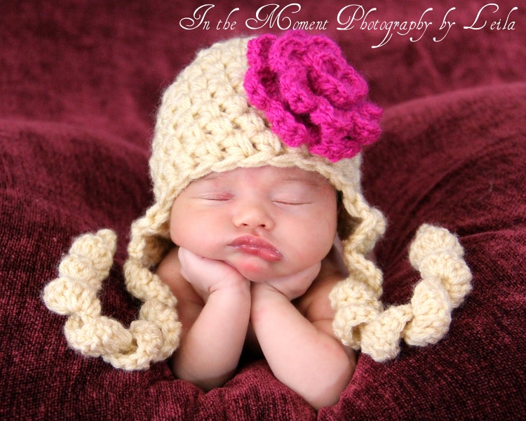 Baby Girl Hat with a Hot Pink Flower Newborn On by cuteittybitty