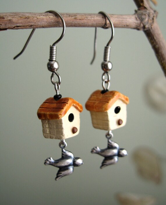 Sparrow Bird House Earrings in silver