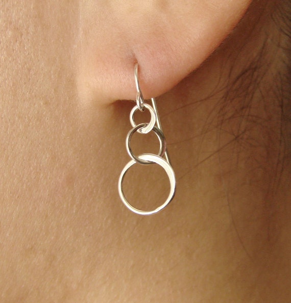 Items similar to Three Linked Circles Drop Earrings in Silver, hoop