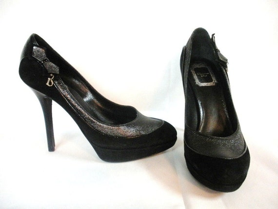 CHRISTIAN DIOR black platform high heel pumps with bows and D