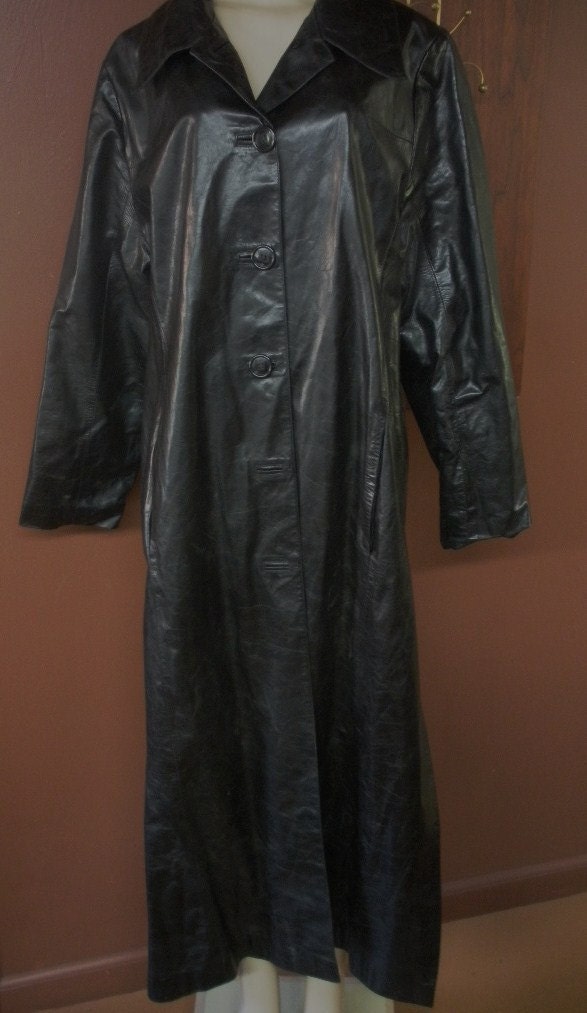 BLACK LEATHER long duster coat 52 inches long size 14 to 16