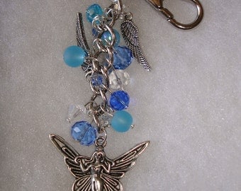 Beautiful Angel Fairy Crystal Beaded KeyChain in Blue and Silver. Purse Charm. zipper pull