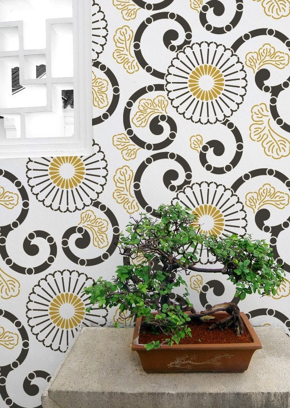 Kyoto Oriental Flower Wall Stencils for Painting Modern Asian