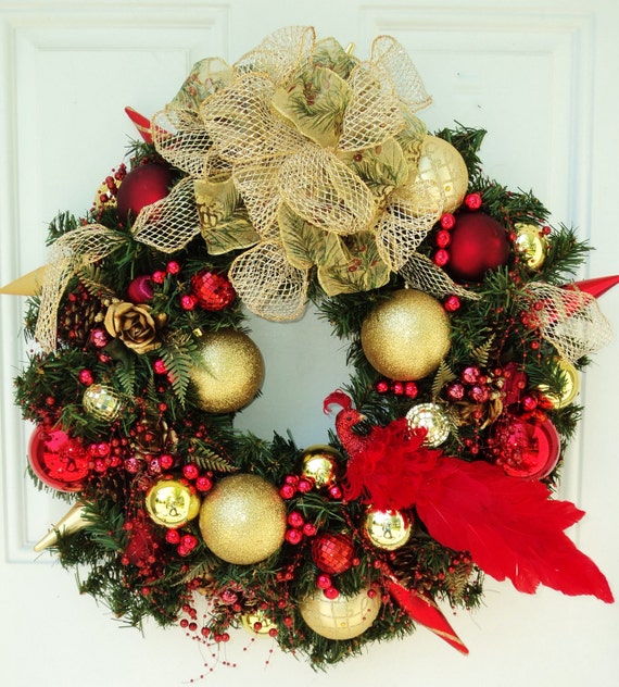 Red Peacock Christmas Wreath Garland Beads Gold