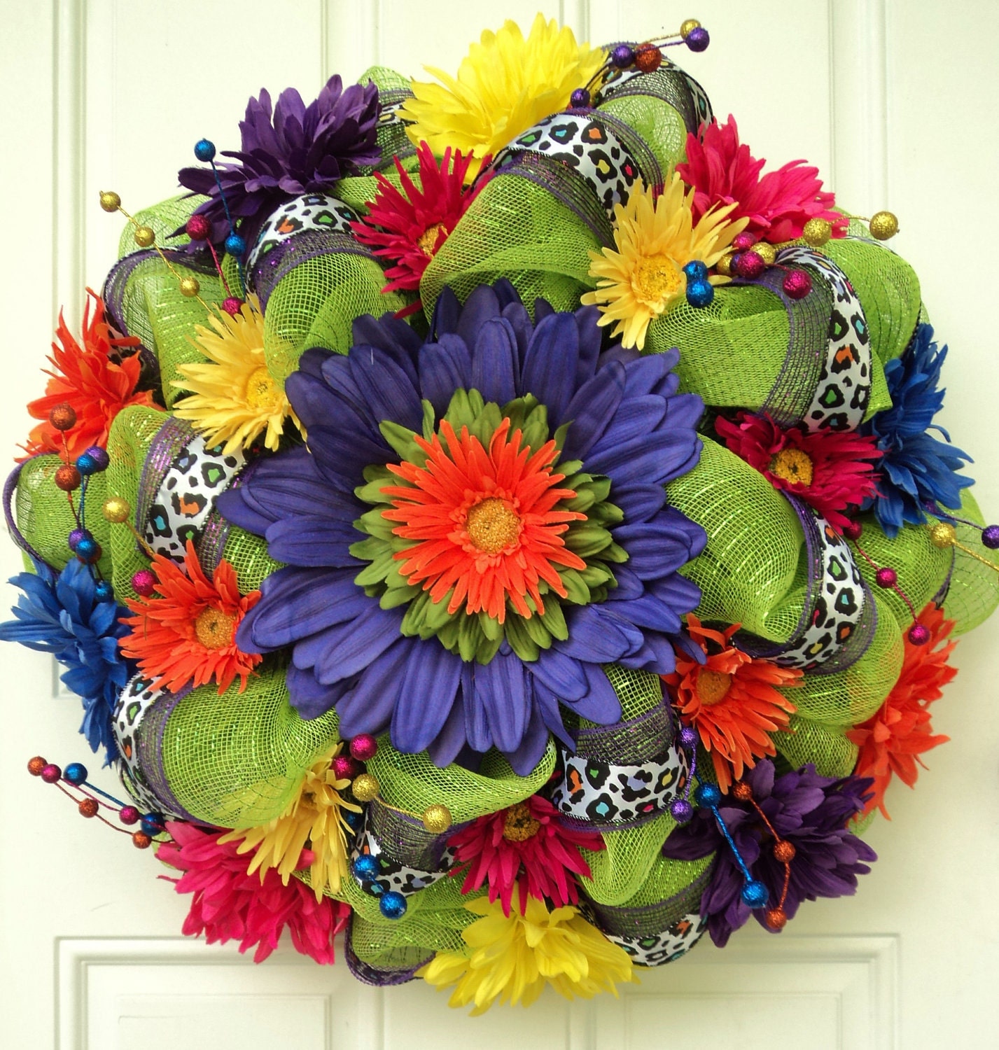 Summer Deco Mesh Wreath Lime Green with Colorful Daisies