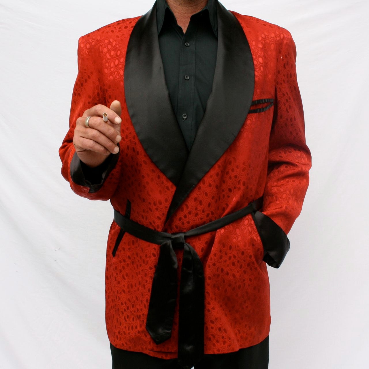 1950s Vintage Men's Smoking Jacket Red Satin Brocade