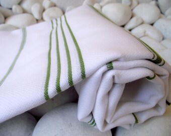 High Quality Hand Woven Turkish Cotton Bath,Beach,Pool,Spa,Yoga,Travel Towel or Sarong-Green Stripes on White