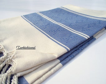 High Quality Hand-Woven Turkish cotton Soft Bath,Beach,Pool,Spa,Yoga,Travel Towel or Sarong-Navy Blue on Natural Cream