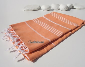 Set of 2-Best Quality Hand- woven Turkish Cotton Bath Towel or Sarong-Orange and White Stripes