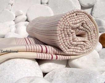 Turkishtowel-Very Soft-High Quality,Hand Woven,Bamboo,Cotton,Silk mixed,Bath,Beach,Spa,Yoga Towel or Sarong-Wine Stripes on Natural Cream