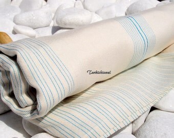 Turkishtowel-Very Soft-High Quality,Hand Woven,Bamboo,Cotton,Silk mixed,Bath,Beach,Spa Towel or Sarong-Turquoise Stripes on Natural Cream