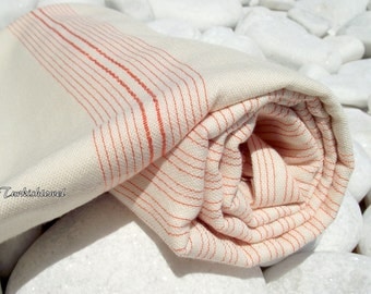 Turkishtowel-Very Soft-High Quality,Hand Woven,Bamboo,Cotton,Silk mixed,Bath,Beach,Spa Towel or Sarong-Orange Stripes on Natural Cream