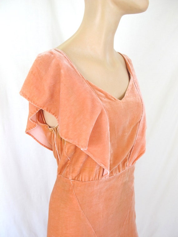 Rare 30s Peach Silk Velvet Drape Dress Ethereal Goddess Old