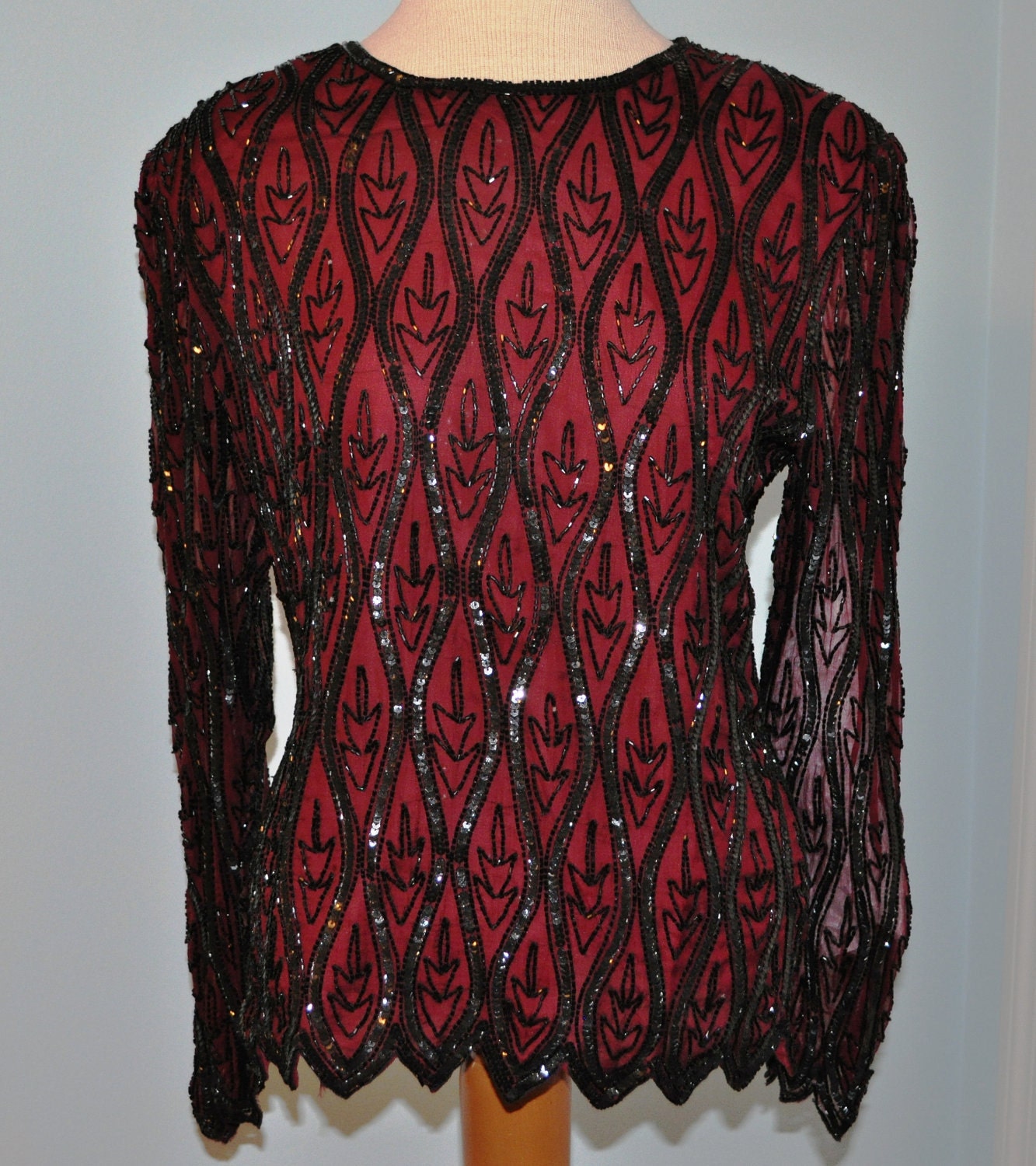 Vintage Silk Beaded Top Red Evening Wear Party Blouse GLAM
