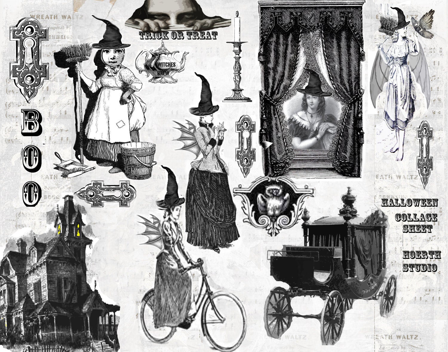 Halloween Steampunk Gothic Collage Victorian Witches Instant