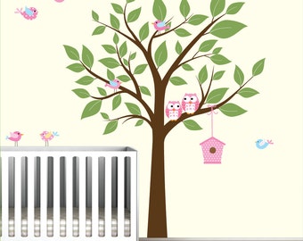 Wall Decals For Nursery-Tree with Birdhouse Birds Owls