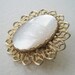 Vintage 80s Victorian Edwardian Style Goldtone Filigree Mother of Pearl Cameo Style Brooch Pin