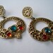 RESERVED YASMINB Vintage Early 90s Retro Hollywood Regency Goldtone Blue Red Rhinestone Open Cut Scroll Hoop Earrings