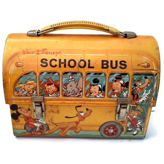 Vintage Tin 1950s Disney Lunch Box & Thermos Flask School Bus