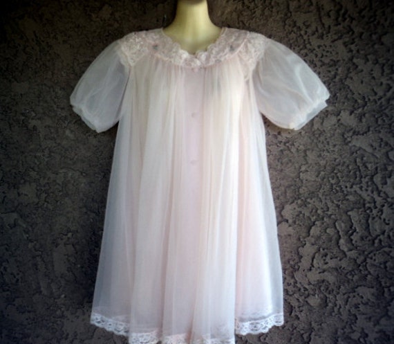 Vintage 60s Chiffon Nightgown Peignoir SET PINK Embroidered