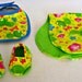 Lisa & Juaquime baby registry - Bib, Burpcloth and Booties - Spring Frogs - blue trim - Yellow and Lime green flannel - reversible