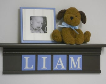 Personalized Children Nursery Decor Shelf in Chocolate Brown with Wooden Letter Plaques Light Blue