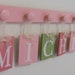Baby Name Wall Hanging Letters Custom for MICHELLE - 8 Wood Hooks Pink and Green Nursery