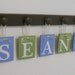 Custom Name Sign for SEAN with a BASEBALL 5 Wooden Peg Brown, Light Green and Light Blue