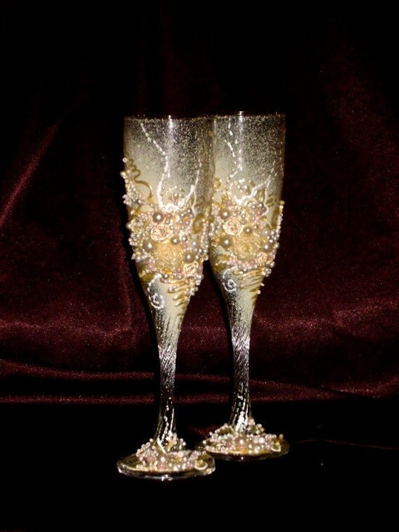 Hand decorated wedding champagne glasses elegant by PureBeautyArt