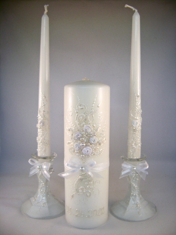 Items similar to GORGEOUS Wedding unity candle set in pearl ivory and ...