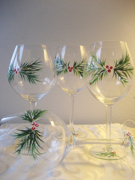 Items similar to Handpainted Christmas wine glasses , set of 2 with berries and pine. on Etsy