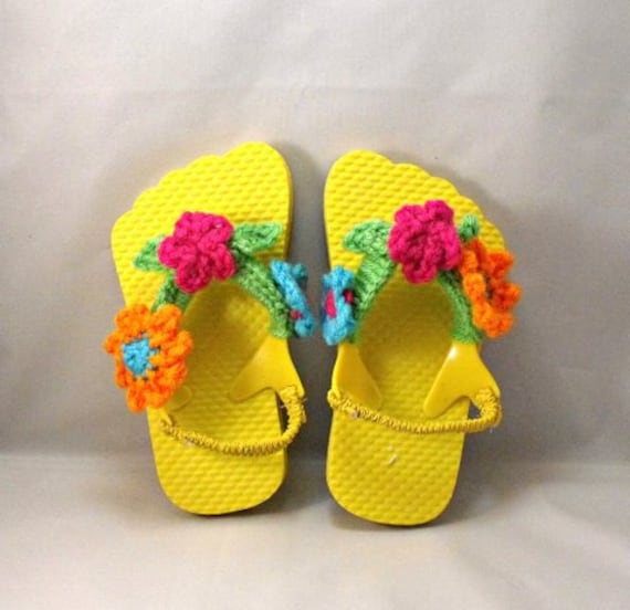 Items similar to Crochet Flip Flops Yellow Orange Fushcia Teal Flowers ...