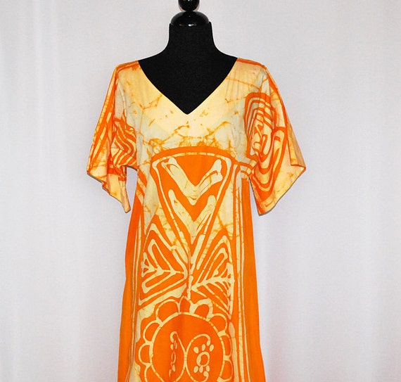 Vintage Dashiki Dress 1970's 70's Orange Batik Maxi