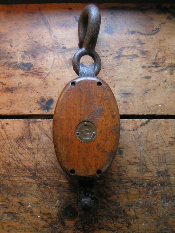 Vintage Massive Wood Block and Tackle Pulley by Western Lock