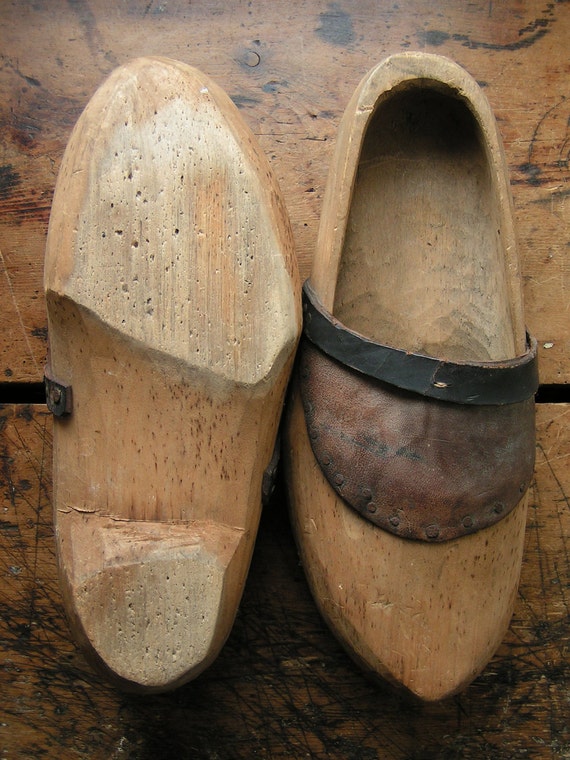 Vintage Men's Wooden Shoes or Clogs with Leather Trim