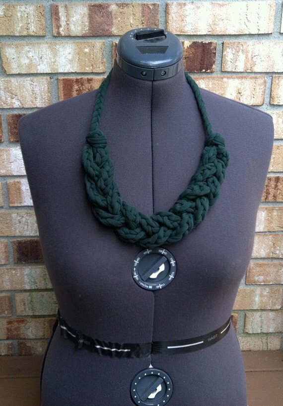 Upcycled T Shirt Yarn Braided Necklace Hunter Green
