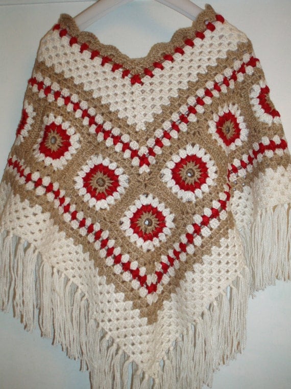 Vintage hippie style crochet ivory beige red poncho wrap shawl with fringe