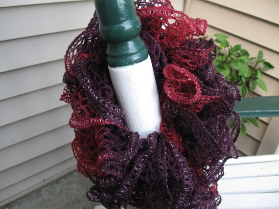 Ruffled Deep Maroon & Purple with a Silver Accent Lace Yarn Hand Knitted Soft Acrylic Scarf 59 inches long