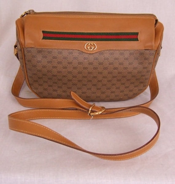 Gucci tan logo sling bag with red and green stripe by dsmacintyre