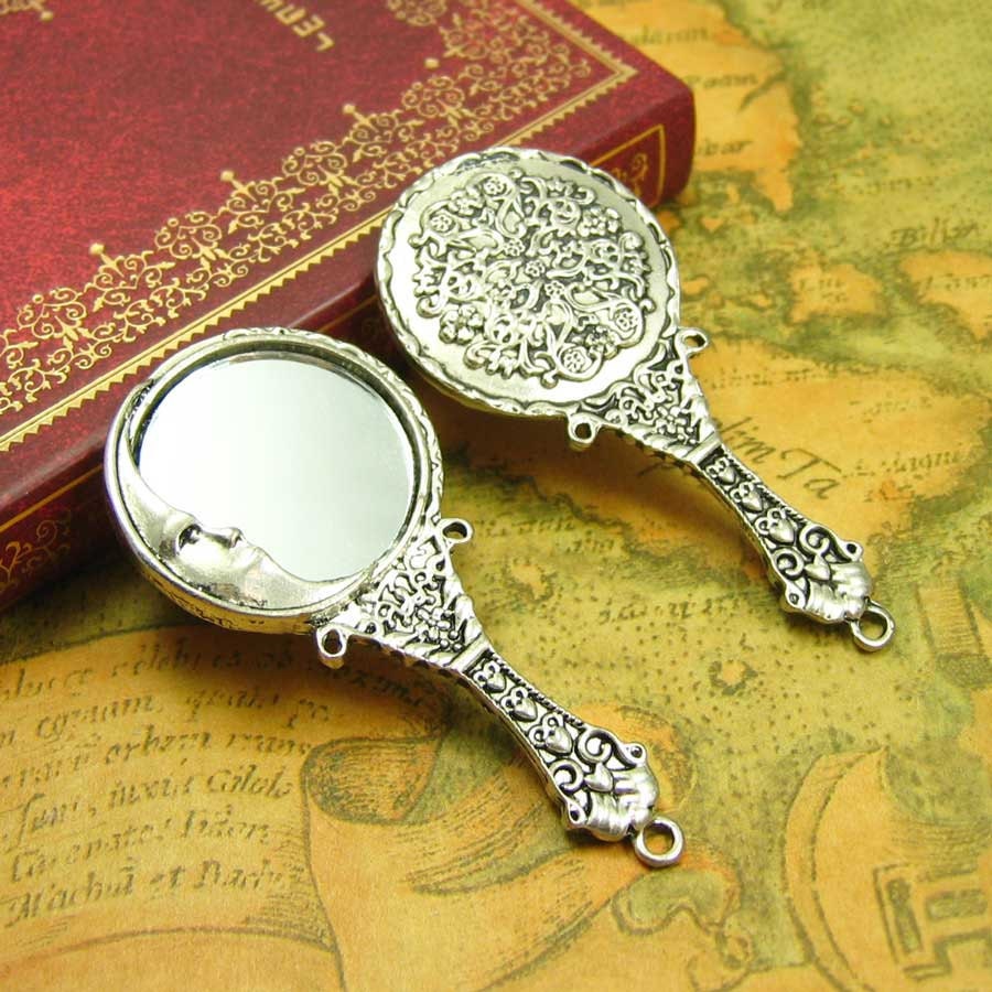 2 pcs Antique Silver Handheld Mirror Charms 62x30mm by kinacraft