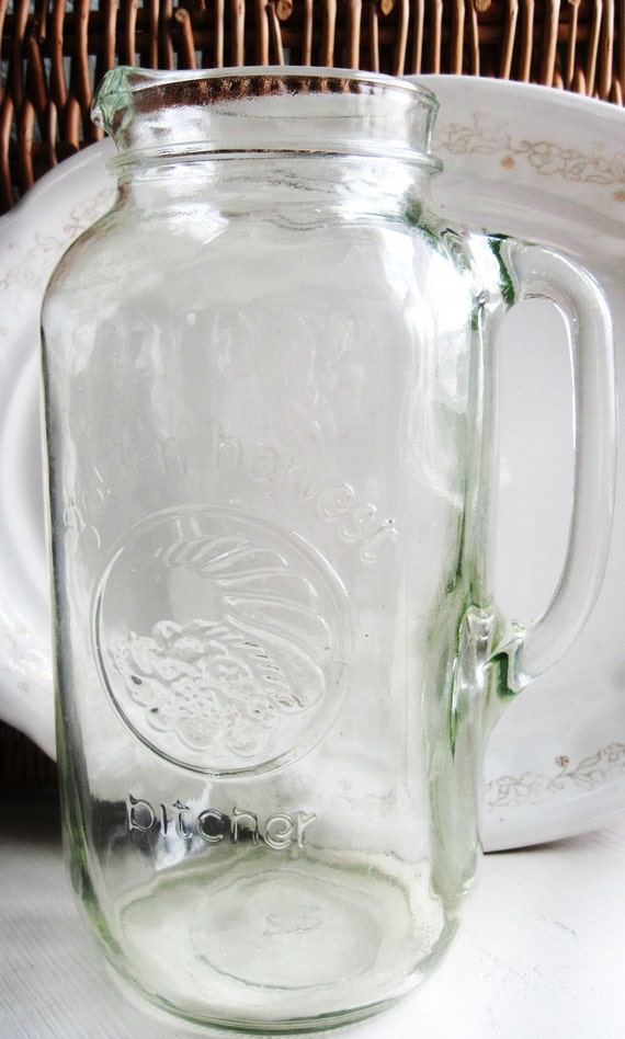 Vintage Glass Mason Jar Pitcher Golden Harvest Holds 2 quarts