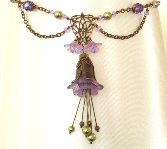 Lucite Flower Necklace Purple Antique Brass Mauve Layered