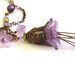 Lucite flower necklace, purple, antique brass. Mauve layered flower pendant. Swarovski green pearl stamens, crystals. Purple flower jewelry.