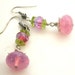 Glass bead earrings, pink purple green, antique silver wire wrapped. Opal glass bead jewelry, pink jewelry. E235v