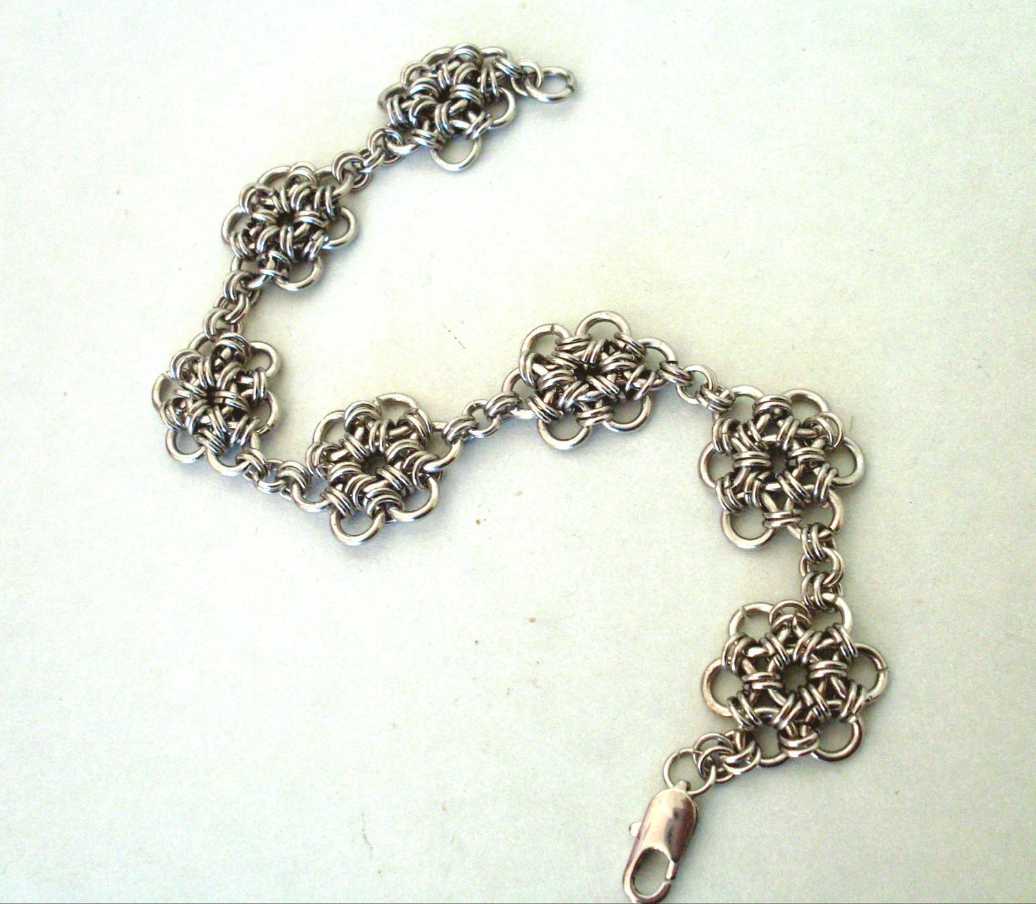 Chainmaille bracelet antique silver flower pattern dark